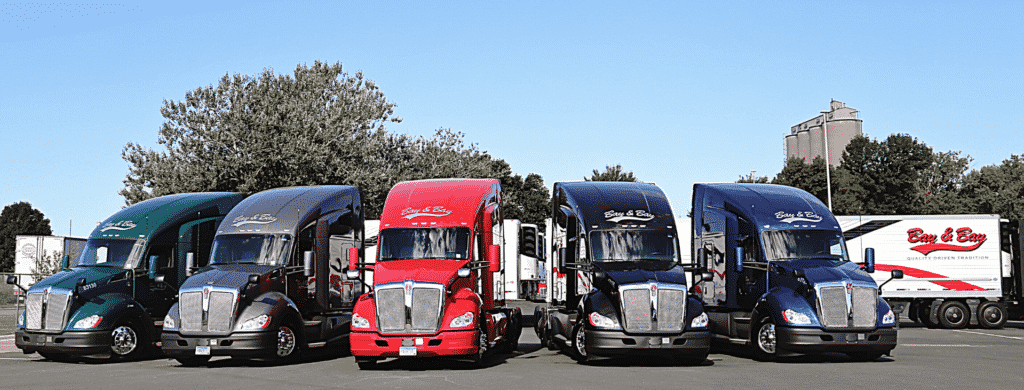 Line of multi-colored Bay & Bay fleet semi trucks