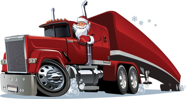 A graphic of a Santa Claus driving a red semi-truck with snowflakes surrounding the truck.