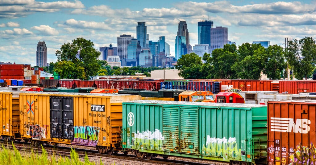 A photo of many colorful intermodal containers on a railroad. The Minneapolis skyline is in the background. The Bay & Bay headquarters are in the Twin Cities area.