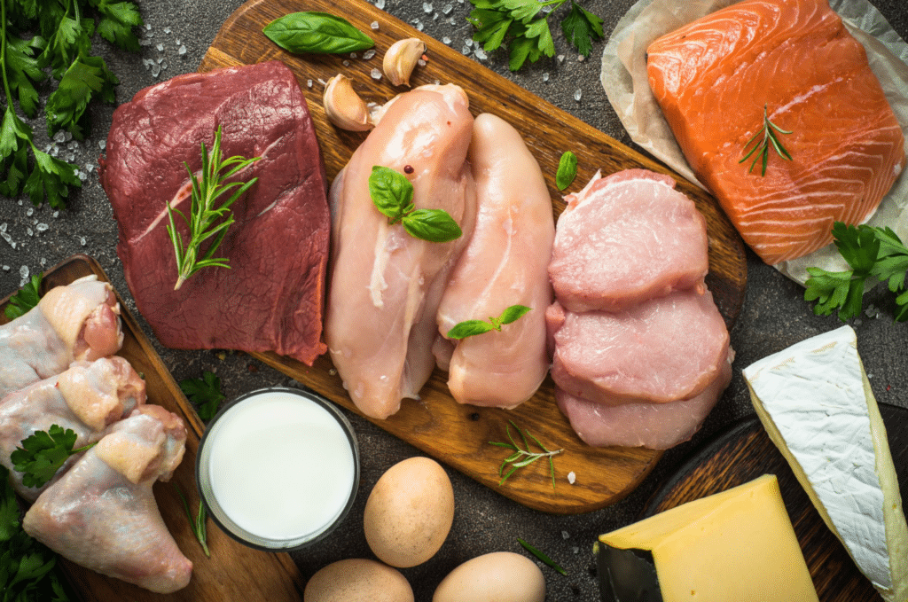 A photo of proteins such as chicken, beef, salmon, along with some dairy products as these are some of the RTL verticals at Bay & Bay.