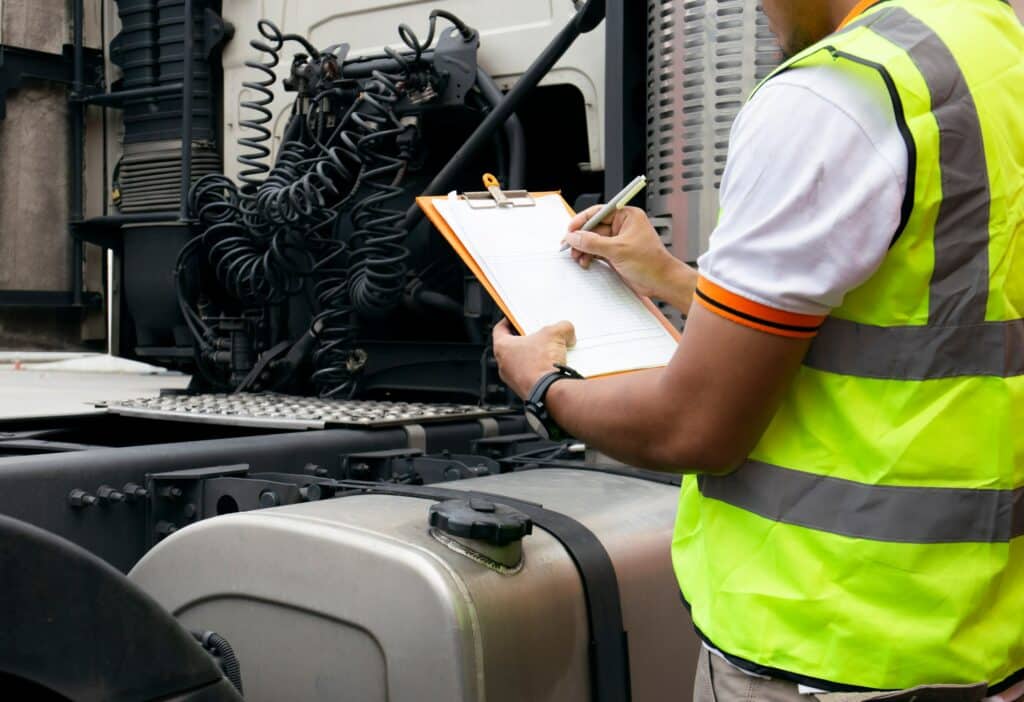 An image of a person doing an inspection on a truck to ensure driver safety. The inspector is holding a clipboard and checking it off.