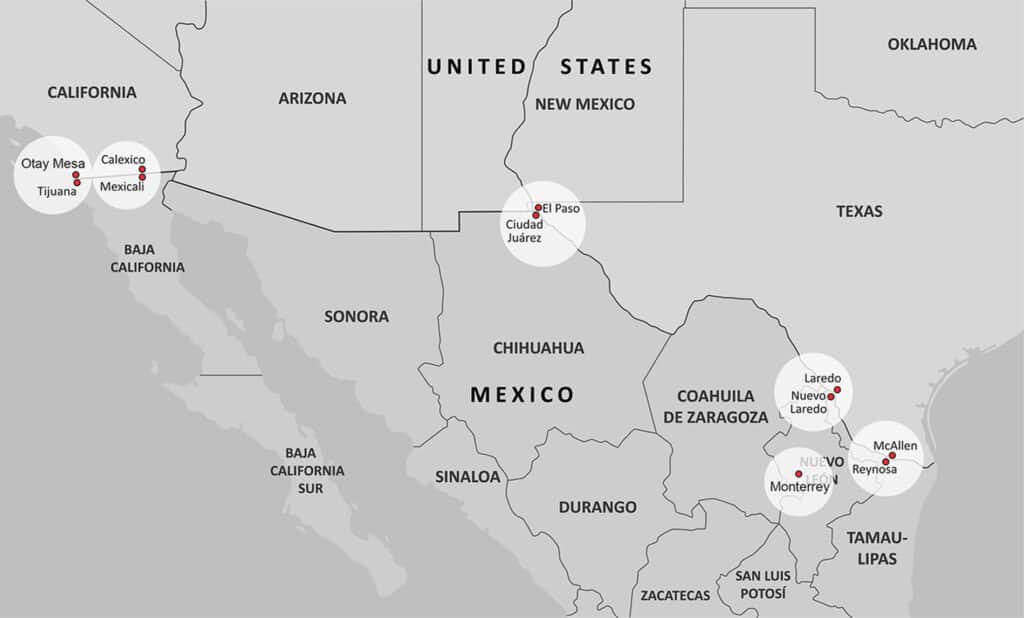 A map of the United States and Mexico border with the shipping points that Bay & Bay has in Mexico demonstrating our cross-border shipping solutions.