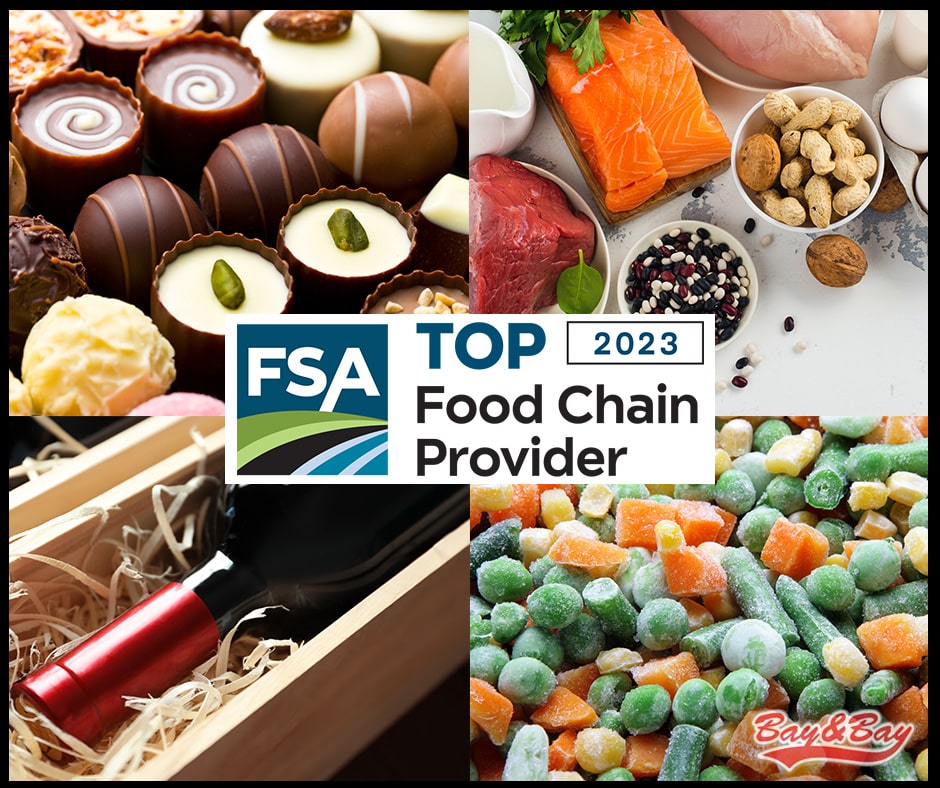 Multiple photos of the different verticals of industries that Bay & Bay transportation services. The photos are of candy/confections, proteins, wine & sprits, and fresh/frozen foods. The Food Shippers of America '2023 Top Food Chain Provider' logo is at the center of the graphic because Bay & Bay has been recognized with this award.